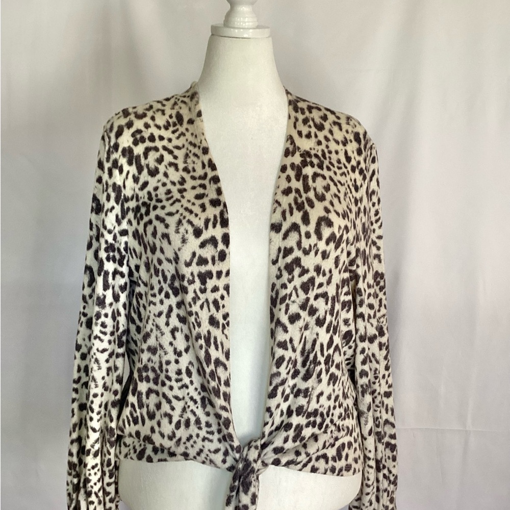Chico's Leopard Tie-Front Cardigan in Cream & Brown